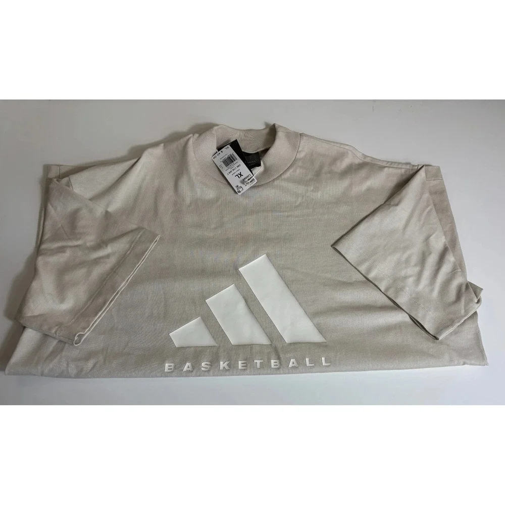 NWT Adidas Basketball Aluminium Shirt Mens XL Beige Short Sleeve Spellout Cotton